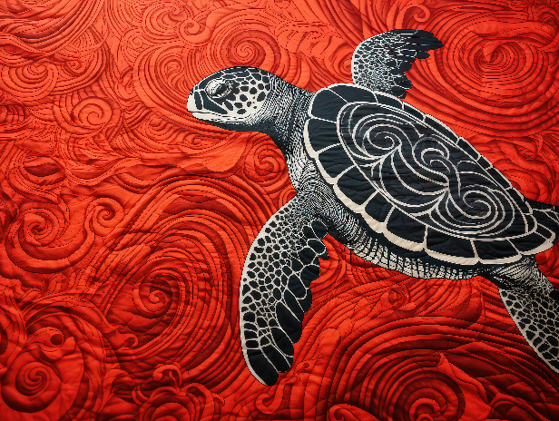 cp-0044 Turtle swimming in red Cotton/Poplin Sarong