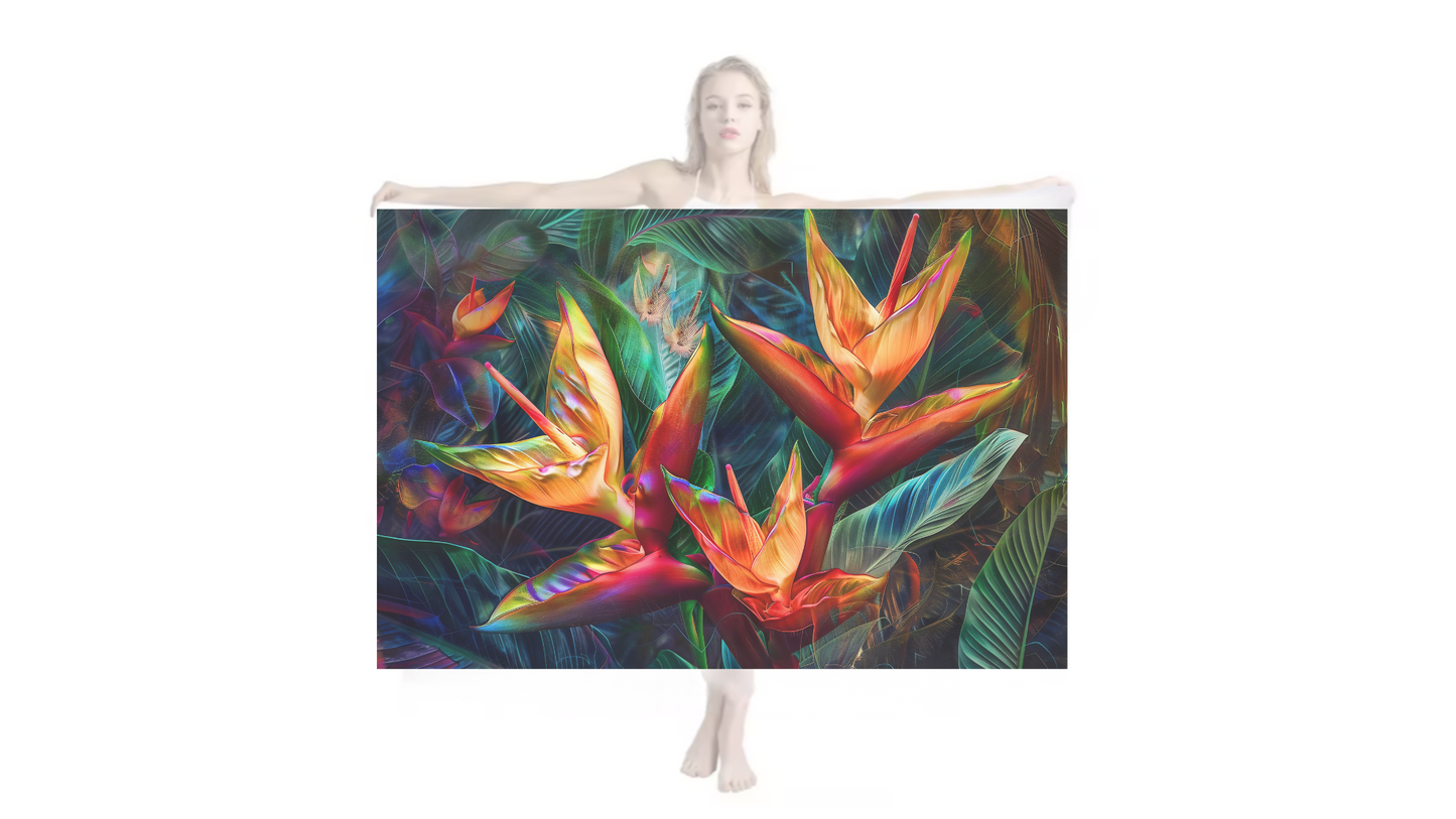 ss-0001 Vibrant Tropical Flowers Illuminated in a Lush Jungle Glow Silk/Satin Sarong