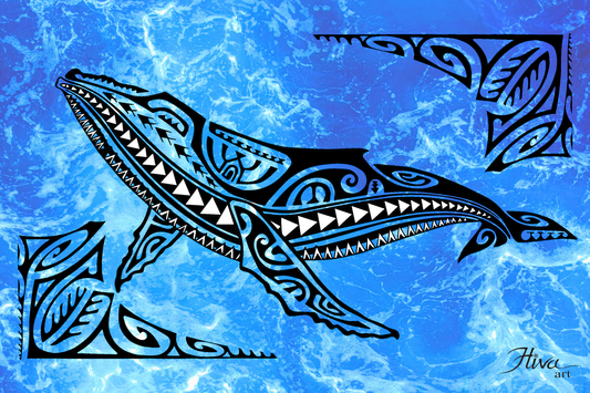 sc-0027 Polynesian Whale with Intricate Tribal Designs on Blue Sea Silk/Satin Sarong