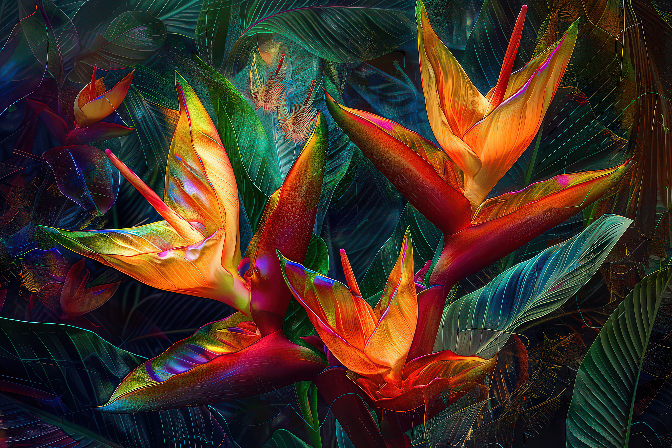 ss-0001 Vibrant Tropical Flowers Illuminated in a Lush Jungle Glow Silk/Satin Sarong