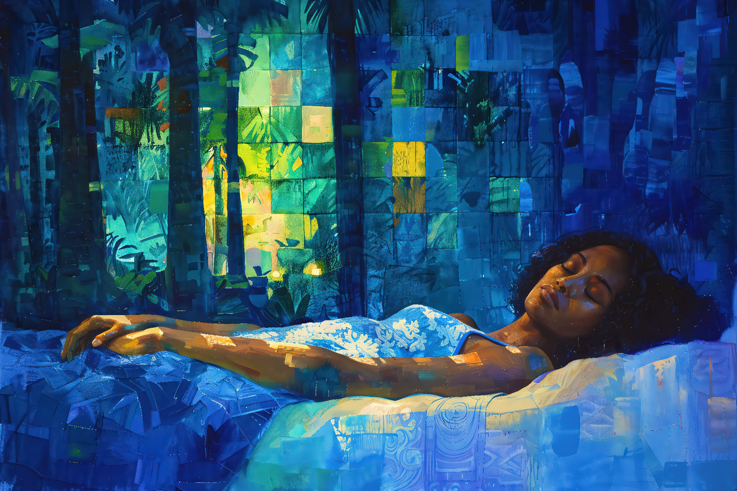 ss-0017 Dreaming in Blue: Peaceful Rest in a Jungle Oasis Silk/Satin Sarong