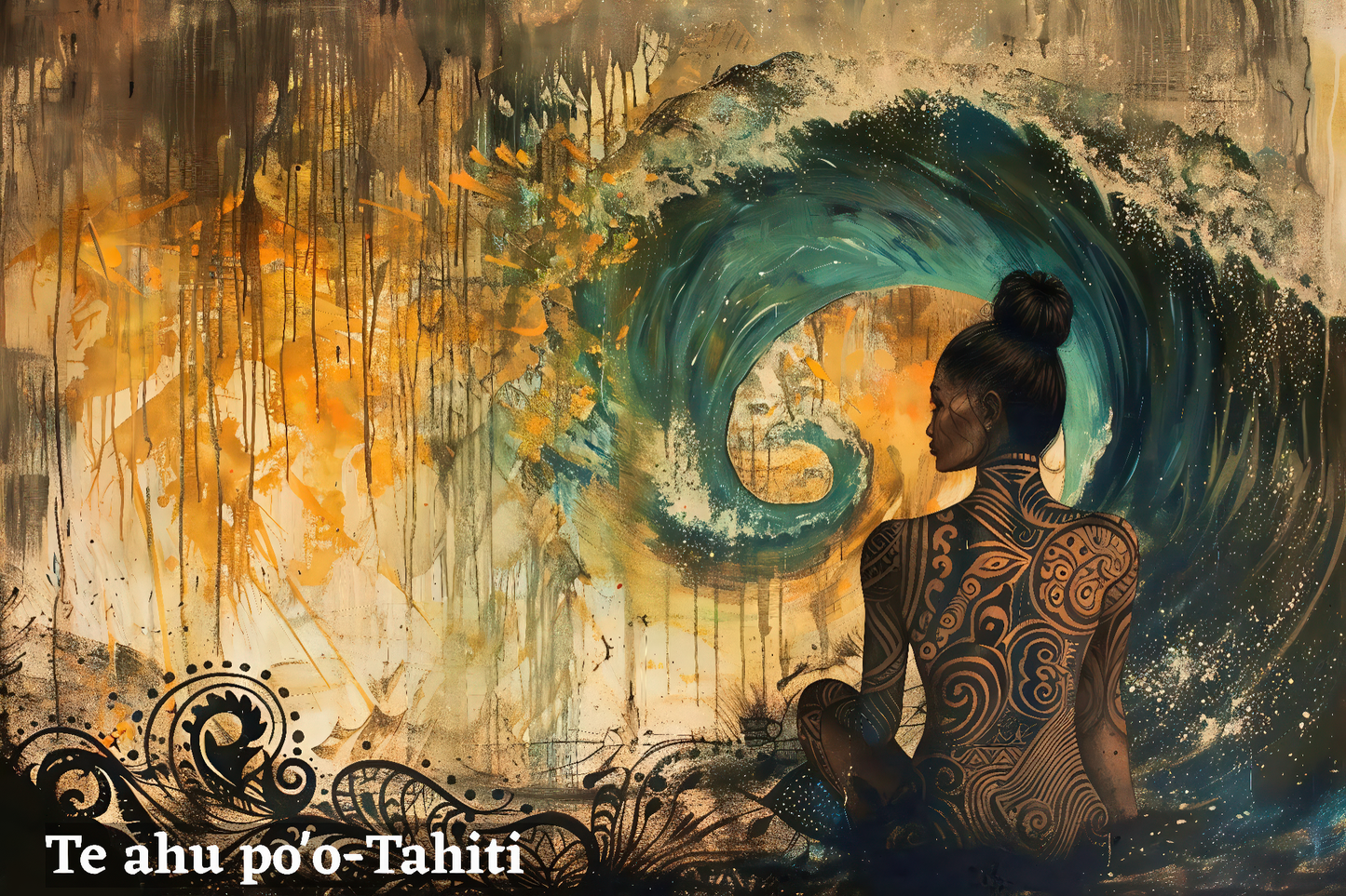 ss-0019 Embracing Tahitian Roots: Woman with Tribal Tattoos and Waves Silk/Satin Sarong